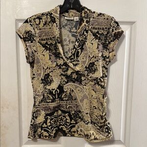 Cato Black and Cream Fitted Wrap Blouse with Cap Sleeves